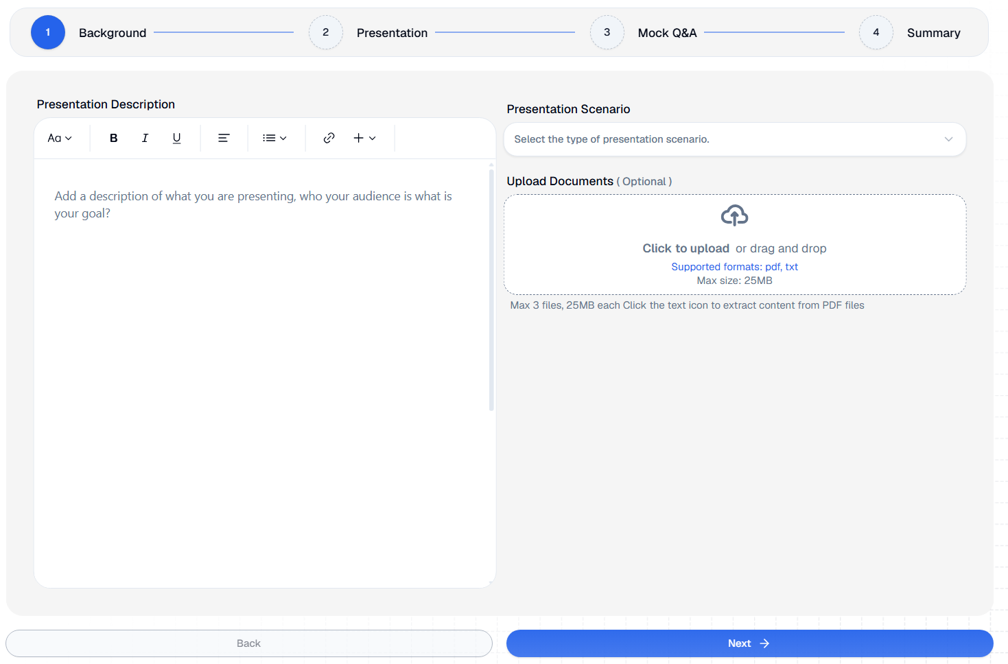 TrackPoint presentation setup showing document upload and scenario configuration